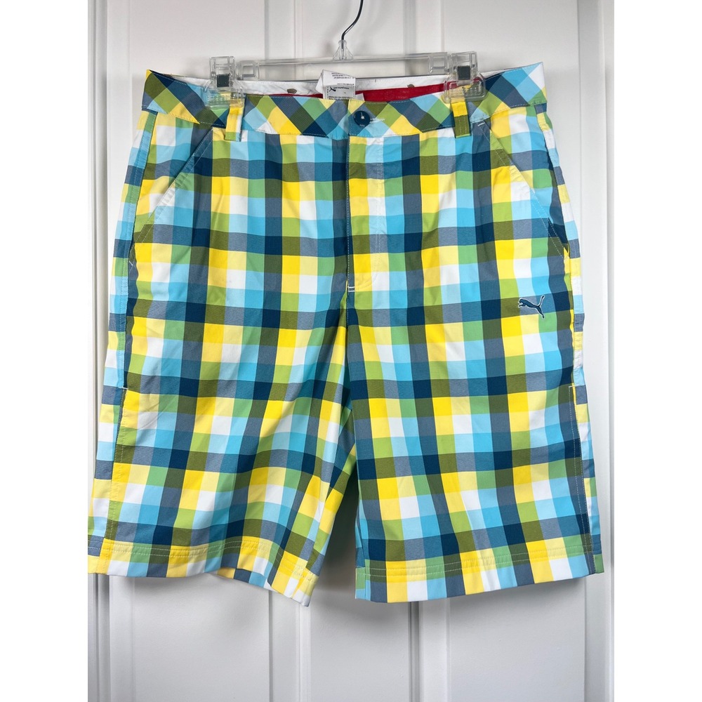 Puma Golf Shorts Mens Plaid Yellow Blue Green Performance Flat Front Size 32